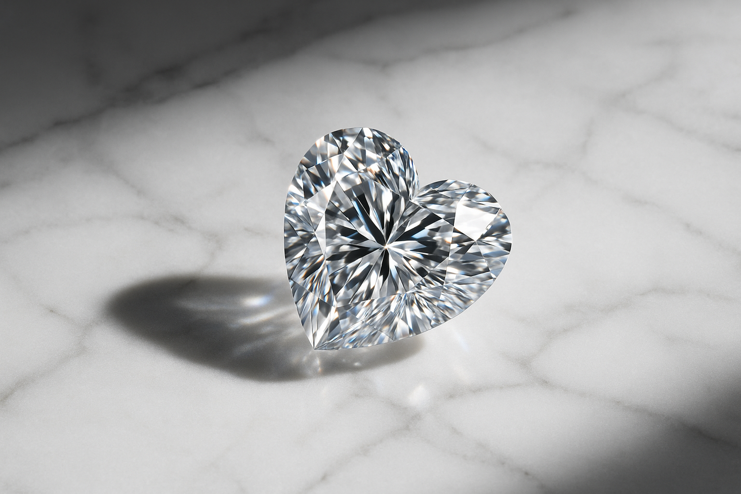 Diamant herzschliff funkelnd auf weißem Marmor