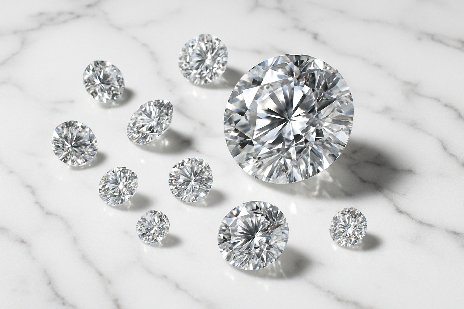 10 Diamanten unterschiedlicher größe auf weißem Marmor 