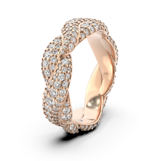Angled view of the Abbraccio del Mare pavé ring in rose gold with natural diamonds by Rocco Pagliara