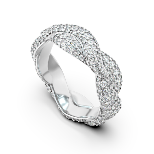 Angled view of the Abbraccio del Mare pavé ring in white gold with natural diamonds by Rocco Pagliara