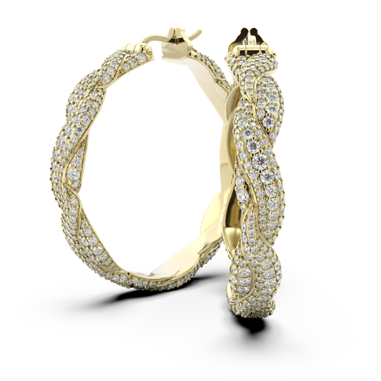 Side view of the Abbraccio del Mare yellow gold pavé earrings by Rocco Pagliara