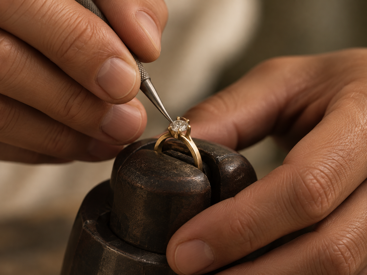 Close-up of a goldsmith setting a diamond — bespoke atelier editorial