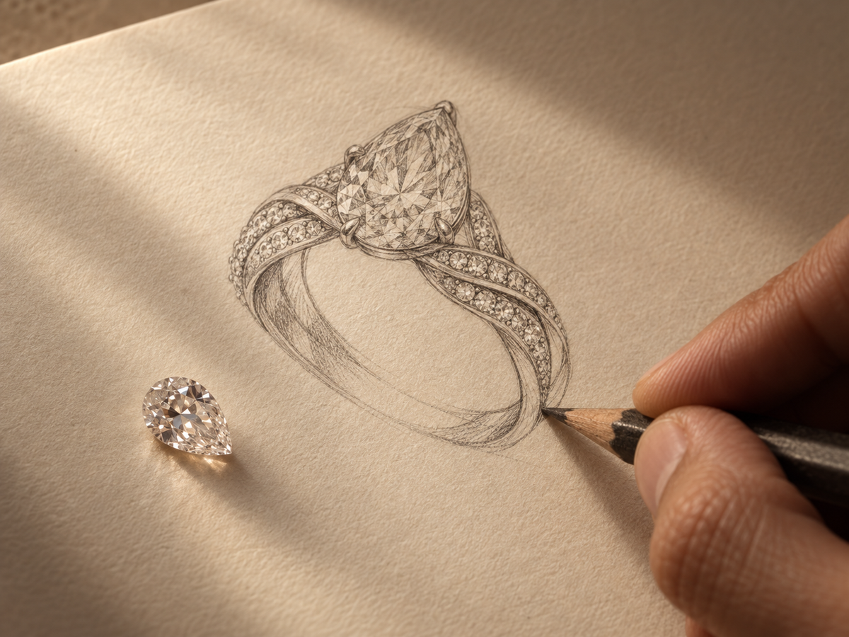 A hand-drawn bespoke ring concept on ivory paper