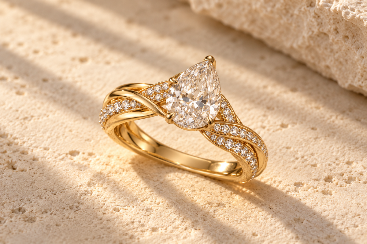 Rocco Pagliara bespoke pear-cut diamond ring in yellow gold, with intertwined polished and pavé-set shoulders matching the design sketch