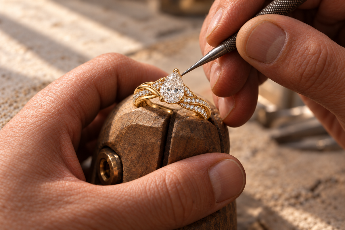 Goldsmith setting the pear-cut diamond in the Rocco Pagliara bespoke yellow-gold ring, with polished and pavé-set intertwined shoulders